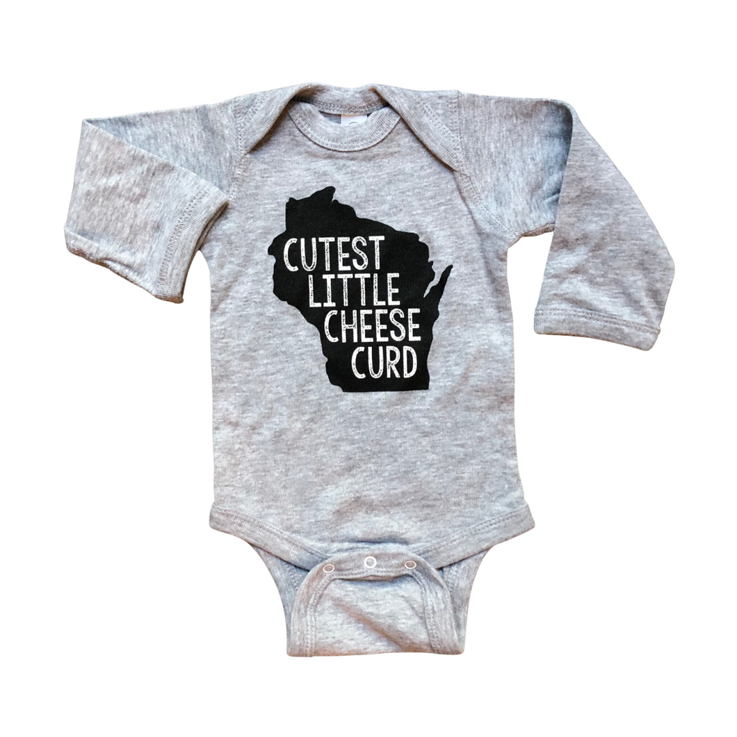 'Cutest Little Cheese Curd' Baby Long Sleeve Onesie - Light Grey