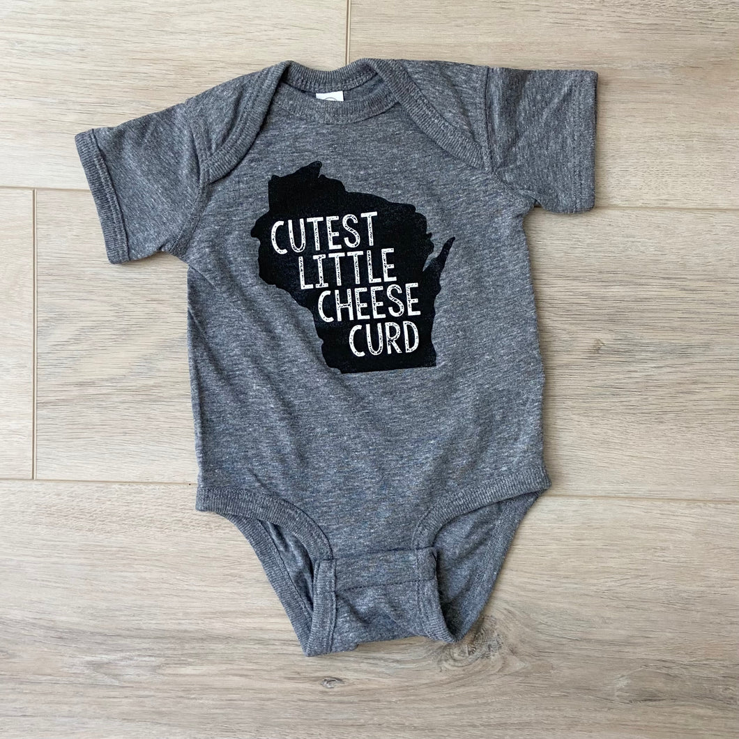 'Cutest Little Cheese Curd' Baby Short Sleeve Onesie - Grey